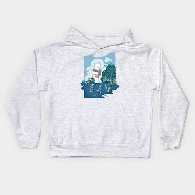 A white cat is feeding birds Kids Hoodie by Athikan